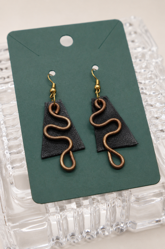 Rio Brass Wave & Black Leather Earrings | PAKA
