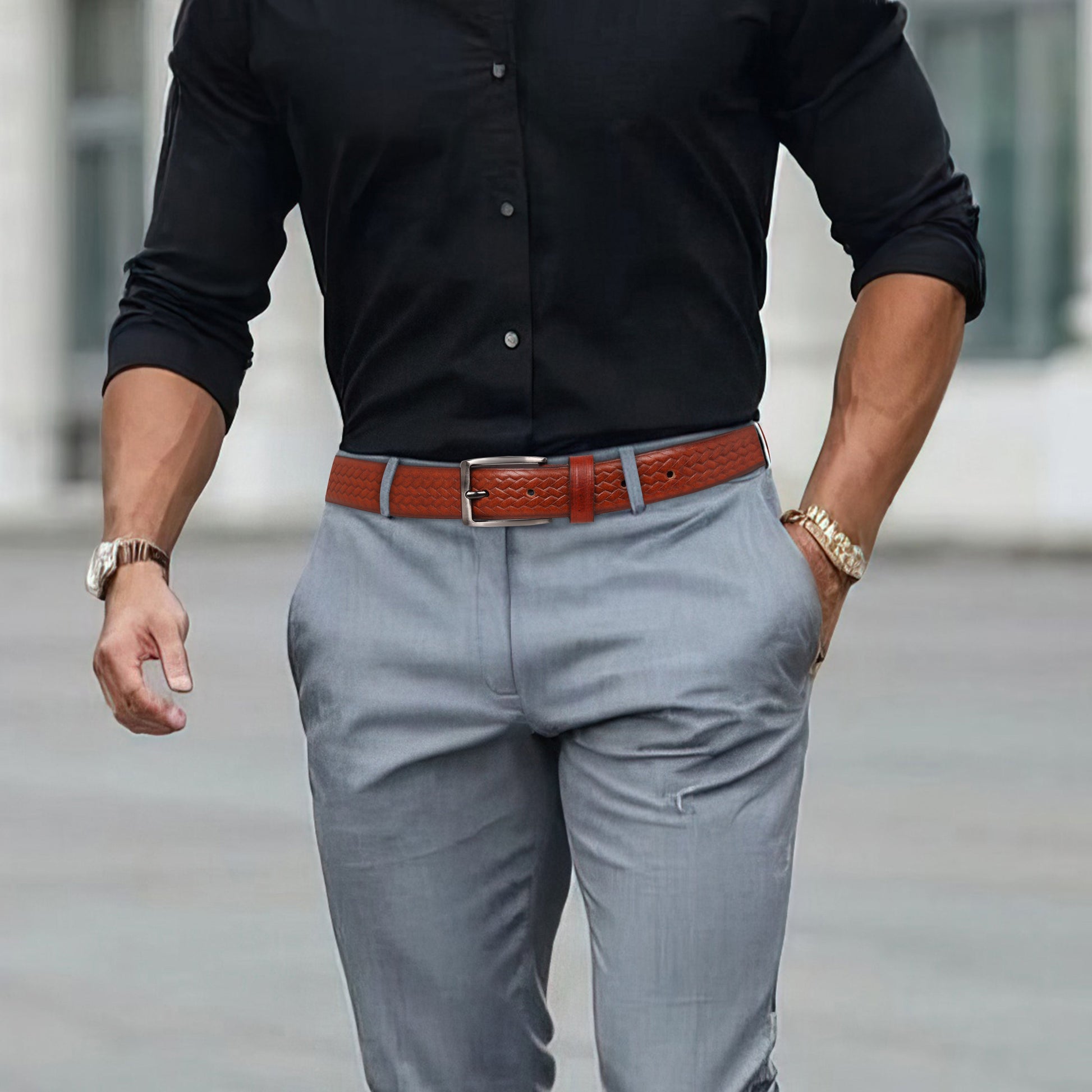 PAKA Men Strip Braided Design Leather Belt - Premium Embossed Design, Multiple Colors & Sizes PAKA