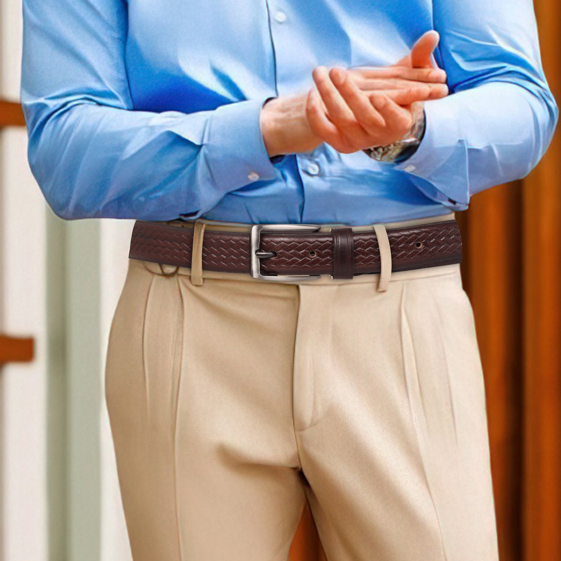 PAKA Men Strip Braided Design Leather Belt - Premium Embossed Design, Multiple Colors & Sizes PAKA