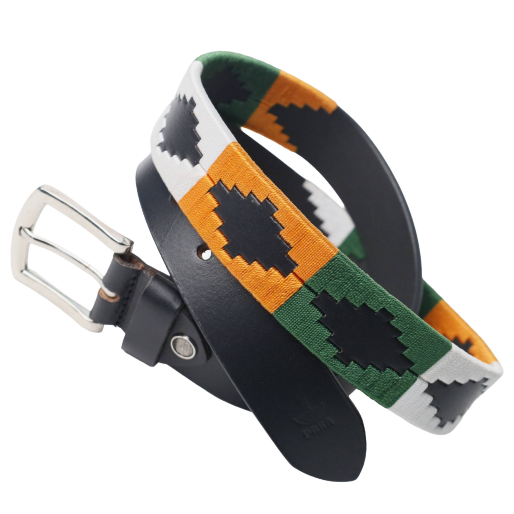 PAKA Tiranga handwoven polo belt for men in saffron, white and green tricolour with black leather diamonds and stainless steel buckle