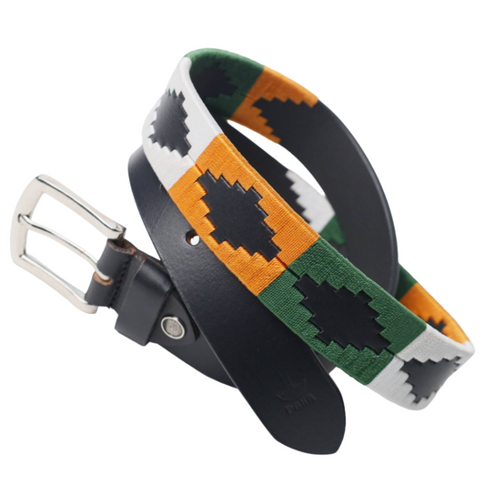 PAKA Tiranga handwoven polo belt for men in saffron, white and green tricolour with black leather diamonds and stainless steel buckle