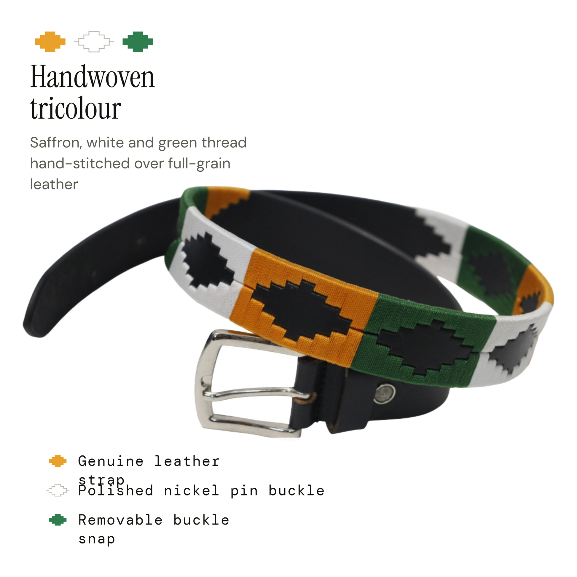 Key features of the PAKA Tiranga polo belt - handwoven tricolour braid, genuine leather strap and premium stainless steel roller buckle