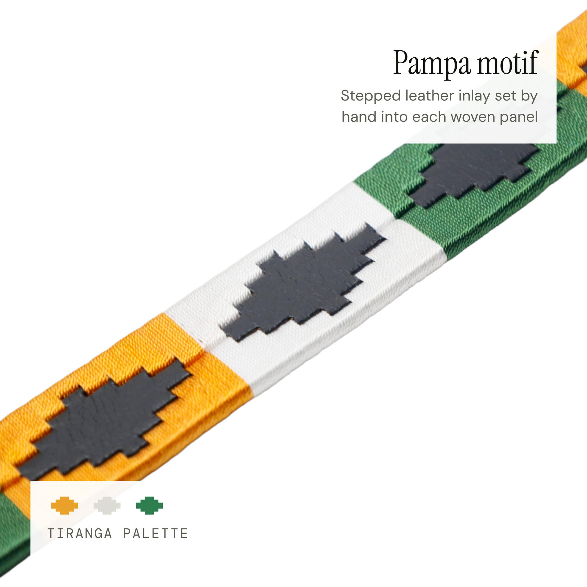 Close-up of the handwoven saffron, white and green braid on the PAKA Tiranga genuine leather polo belt