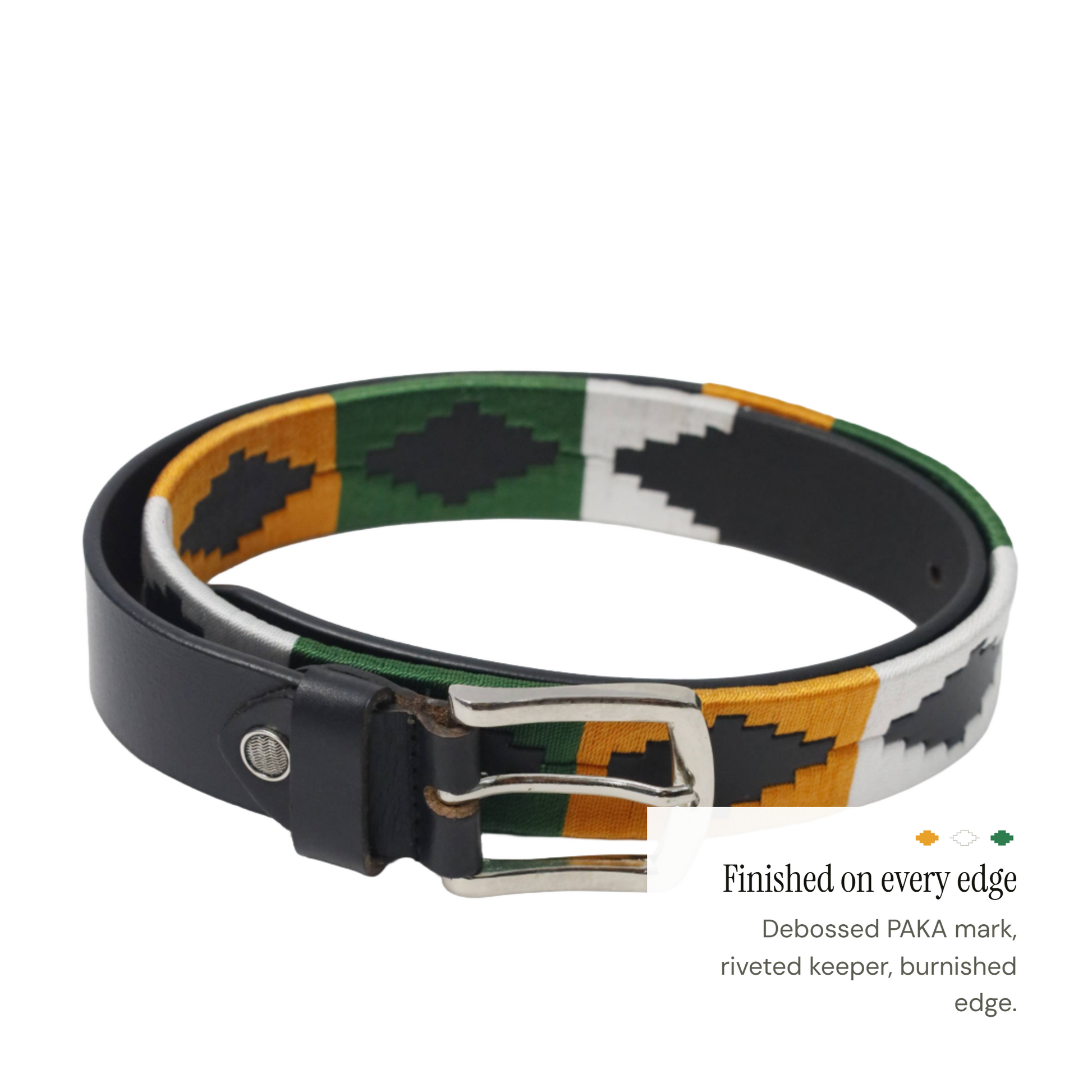 Construction detail of the PAKA Tiranga polo belt showing hand-stitched black leather diamond inlays on the leather strap