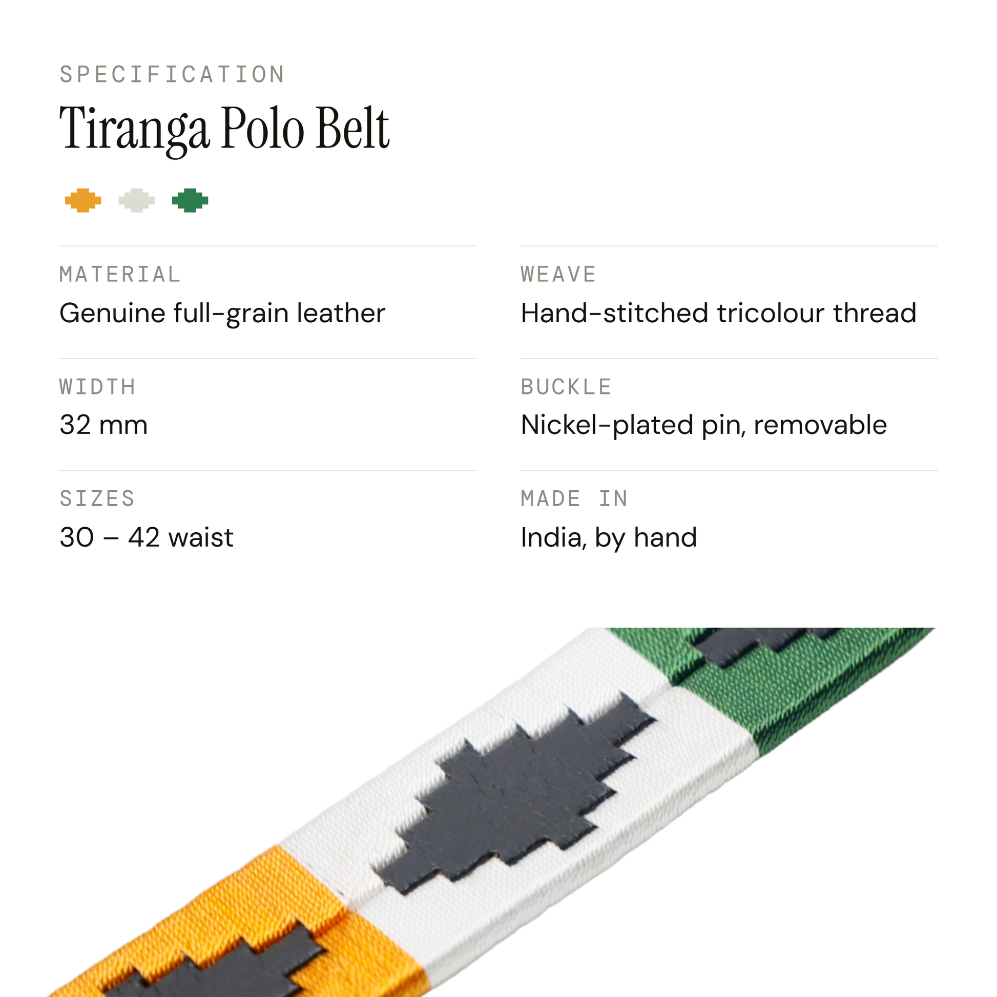 PAKA Tiranga polo belt specifications - genuine leather, sizes 30 to 42, stainless steel buckle, handcrafted in India