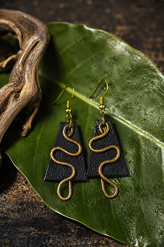 Rio Brass Wave & Black Leather Earrings | PAKA